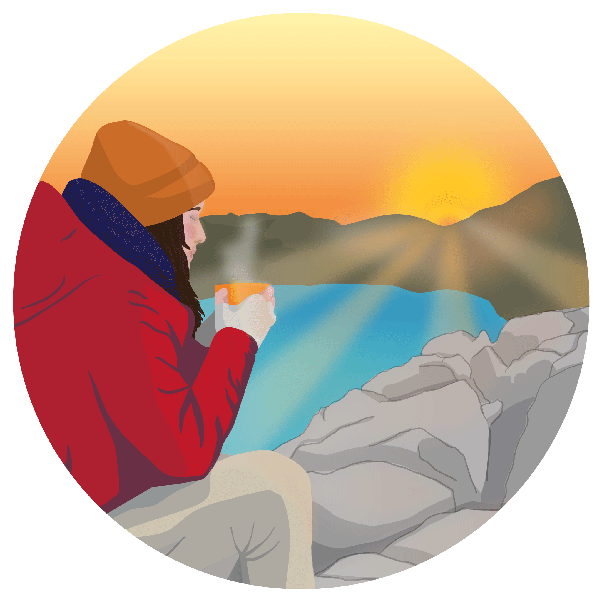 An illustration of a woman drinking coffee at sunrise