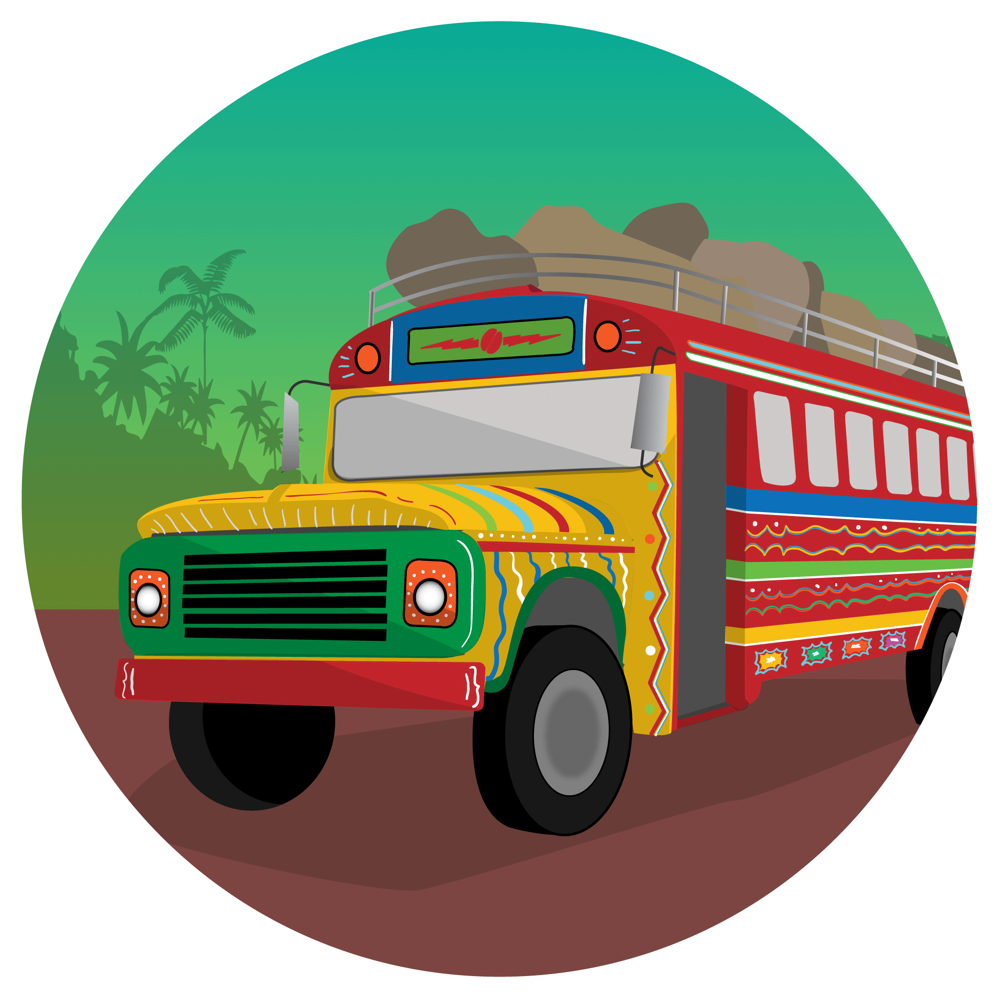 Illustration of a bus used for transportation in a tropical location