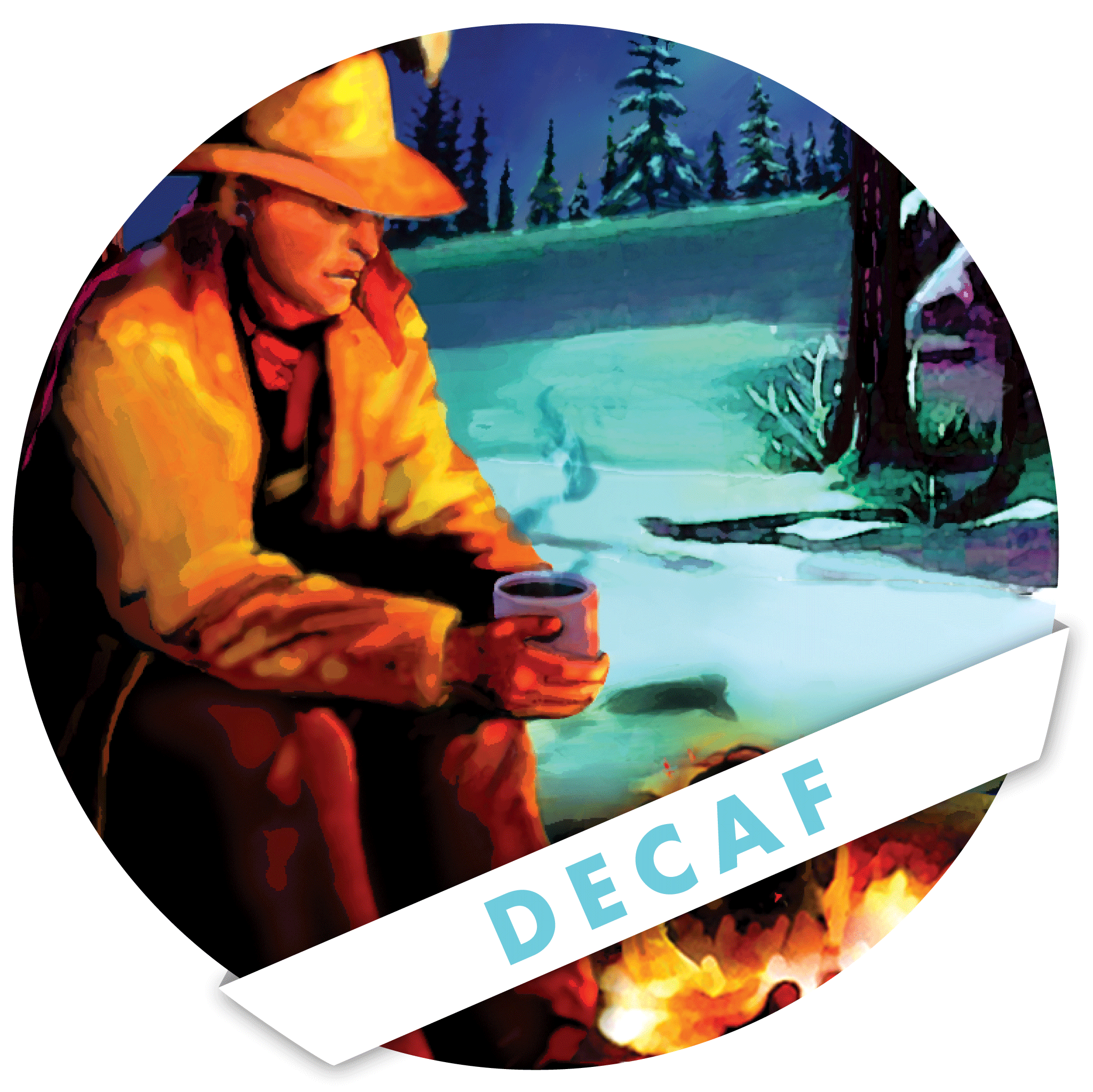 Illustration of a cowboy sitting at a campfire at night with a cup of coffee in his hands