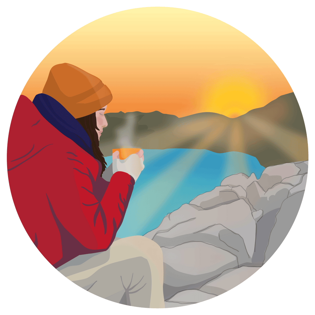 An illustration of a woman drinking coffee at sunrise