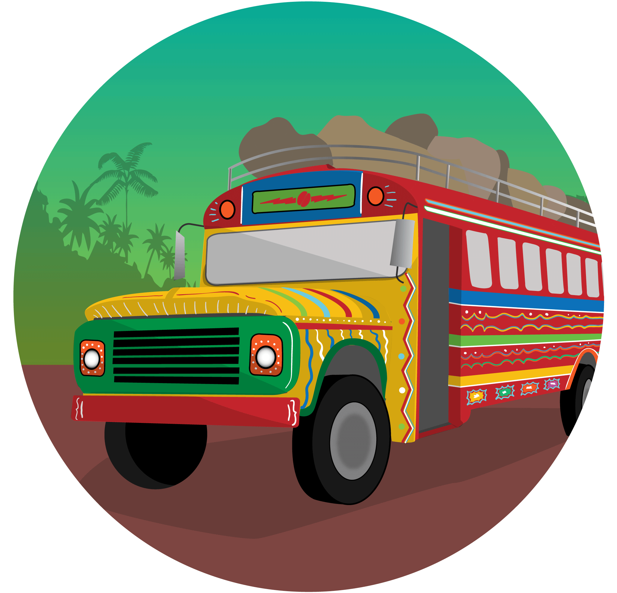 Illustration of a bus used for transportation in a tropical location