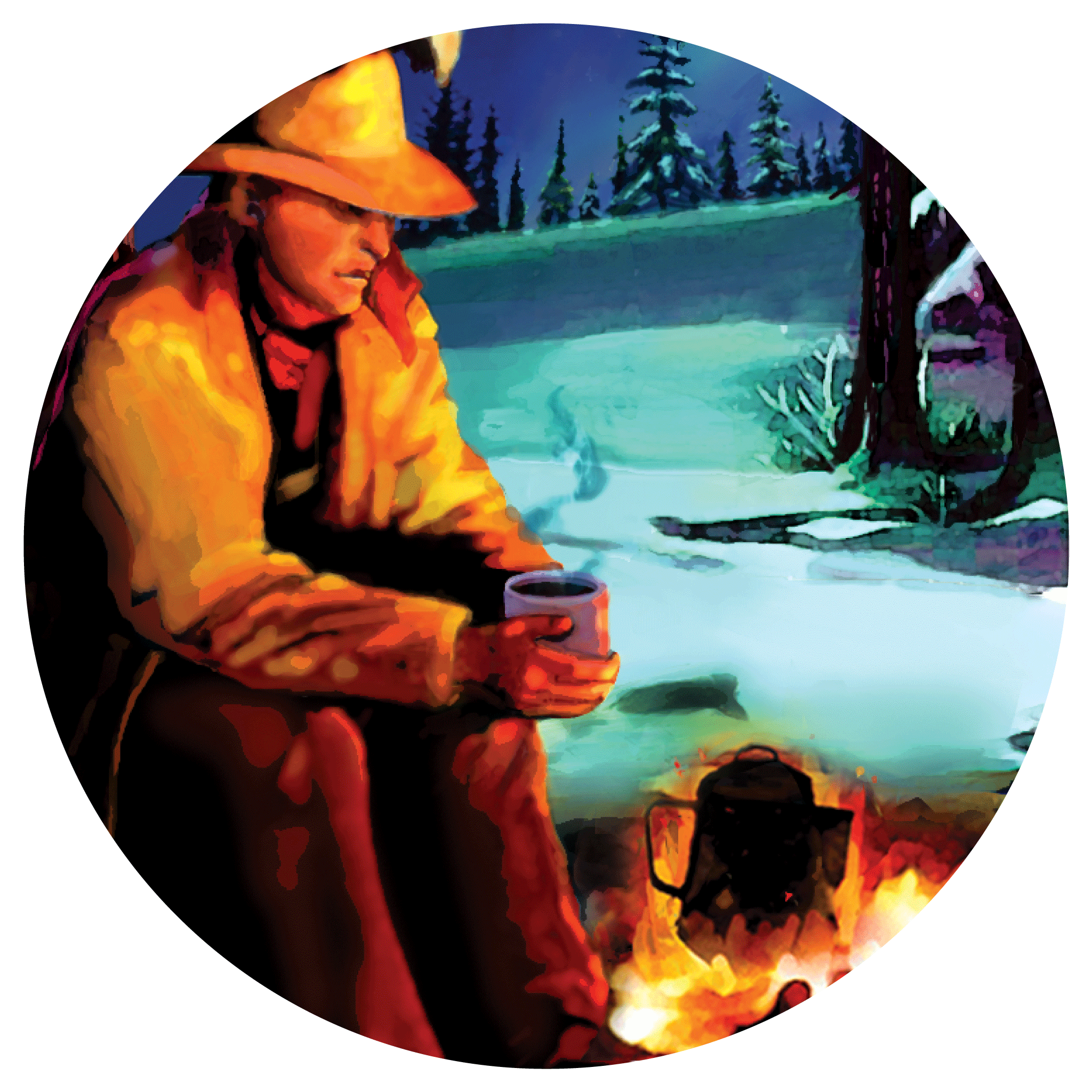 Illustration of a cowboy sitting at a campfire at night with a cup of coffee in his hands