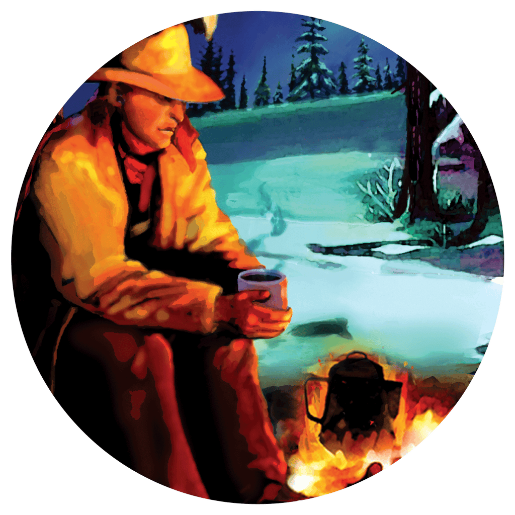 Illustration of a cowboy sitting at a campfire at night with a cup of coffee in his hands