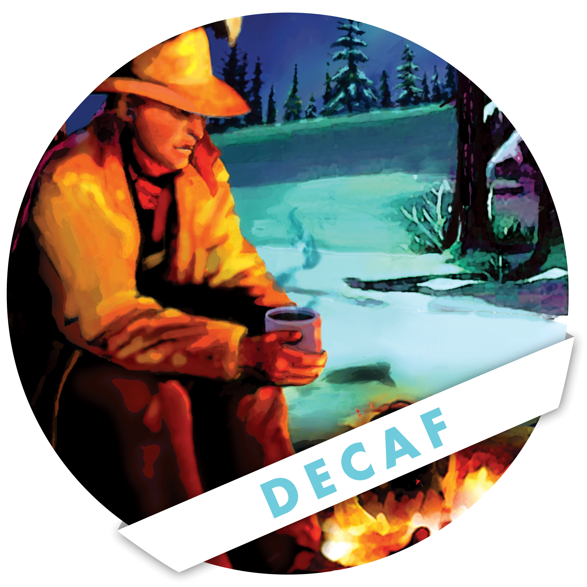Illustration of a cowboy sitting at a campfire at night with a cup of coffee in his hands