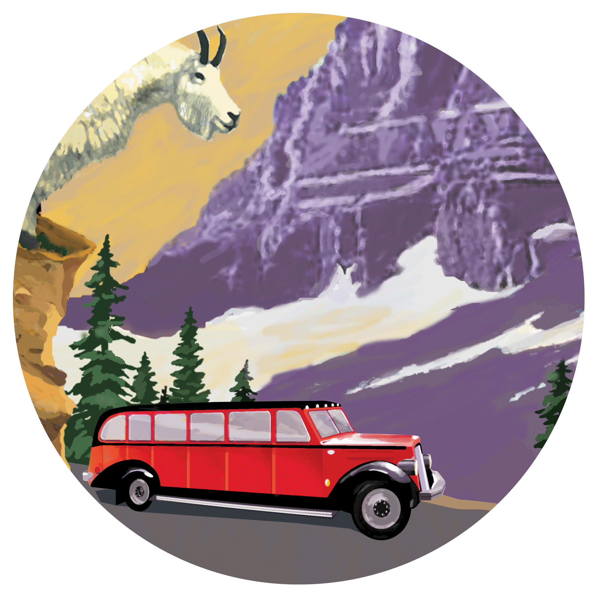 An illustration of a mountain goat overlooking a road with a passenger bus on it driving by a mountain